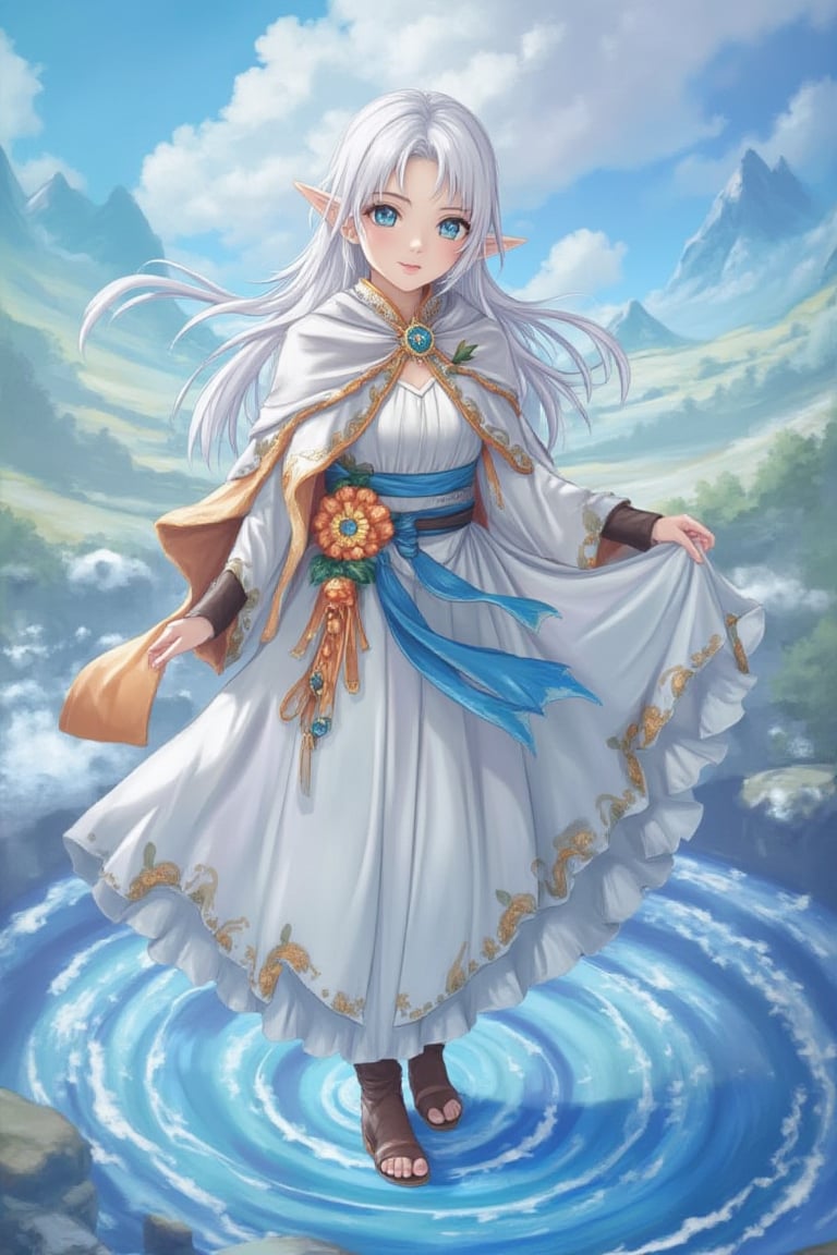 (Pointing at the observer, looking straight ahead:1.4), {{{{{{{{masterpiece}}}}}}}}, an elf cosplay of adventure girl costume, white hair, long hair, :), blue eyes, kawaii face, ;), portrait, BREAK, flower sandals, elven dress, leaf-patterned cloak, leather boots, a young female anime character, white and azure, traditional techniques reimagined, subtle shades, light white and orange, style Genshin Impact, by Genshin Impact, a landscape of Genshin Impact Mondstadt with plains and clouds, mountains blue, by mihoyo, AGGA_ST004, {{{{{{{floating water}}}}}}}, dynamic pose, water magic, spiral floating water, enchanting magic, raised skirt, real hands.