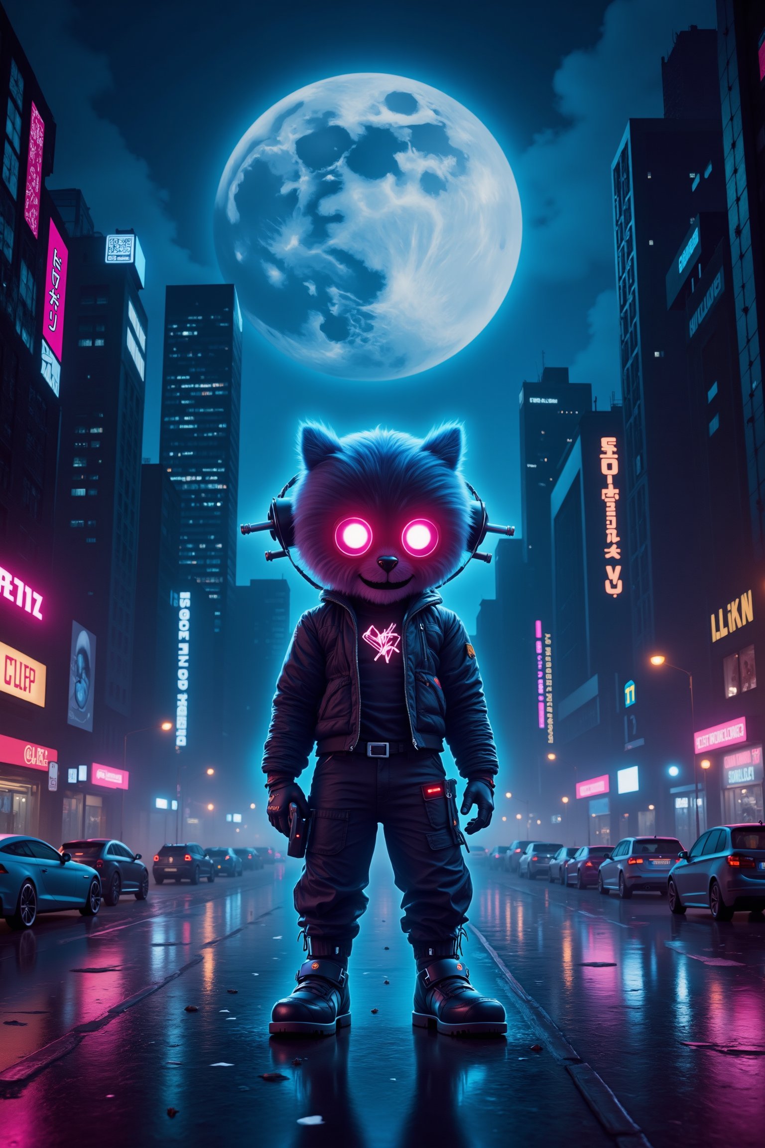 A cyberpunk cityscape under a full moon, neon lights casting vibrant shadows. Flux TenTen, the mascot, stands prominently in the foreground, illuminated by neon glow. The mascot is depicted in a dynamic pose, surrounded by futuristic elements and towering skyscrapers. The composition emphasizes the contrast between the dark shadows and the bright, colorful neon lighting, creating a striking visual impact.