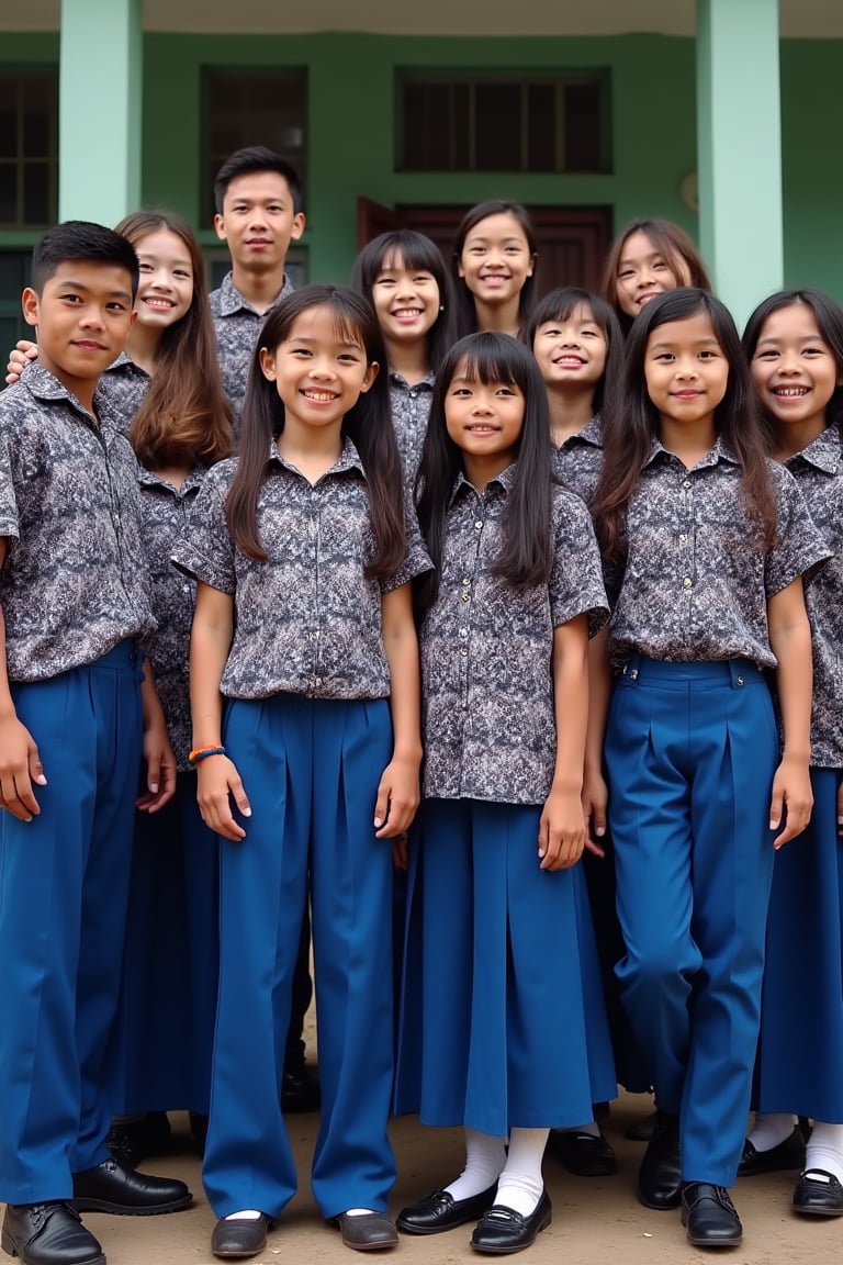 A high detailed 8K image of a group of male and female students, all wearing batik-patterned school uniforms. The boys have blue long pants, while the girls wear blue skirts, all paired with black shoes and white socks. They are gathered in a school setting, with the intricate batik designs on their uniforms clearly visible. The composition frames the group in a lively pose, with the school environment in the background. The lighting is natural and bright, highlighting the details of their uniforms and expressions.