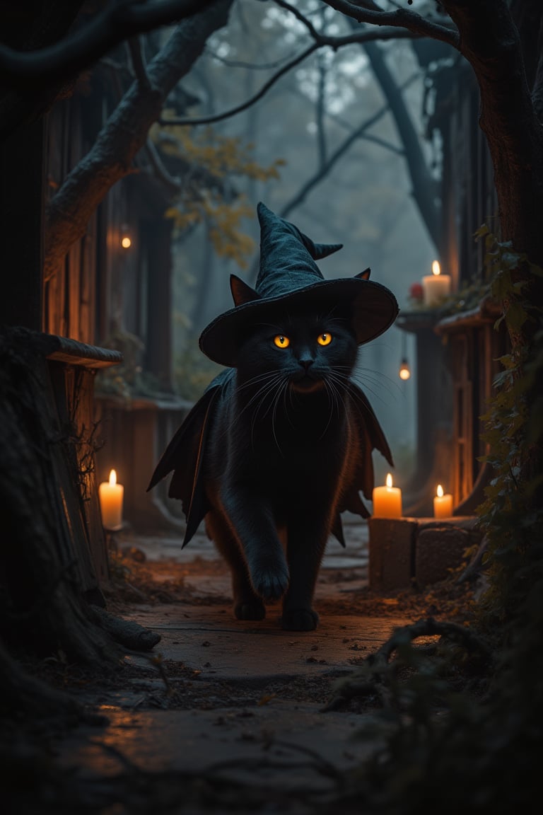 A fantasy scene featuring a black cat wearing a witch costume, exploring a haunted house. The cat's costume includes a pointed hat and a flowing cape, adding to the eerie atmosphere. The haunted house is filled with cobwebs, flickering candles, and shadowy corners. The cat's eyes glow with an otherworldly light as it prowls through the dimly lit rooms, framed by a wide-angle shot that captures the spooky ambiance. The lighting is low and moody, with deep shadows and occasional bursts of light from the candles, enhancing the sense of mystery and intrigue.