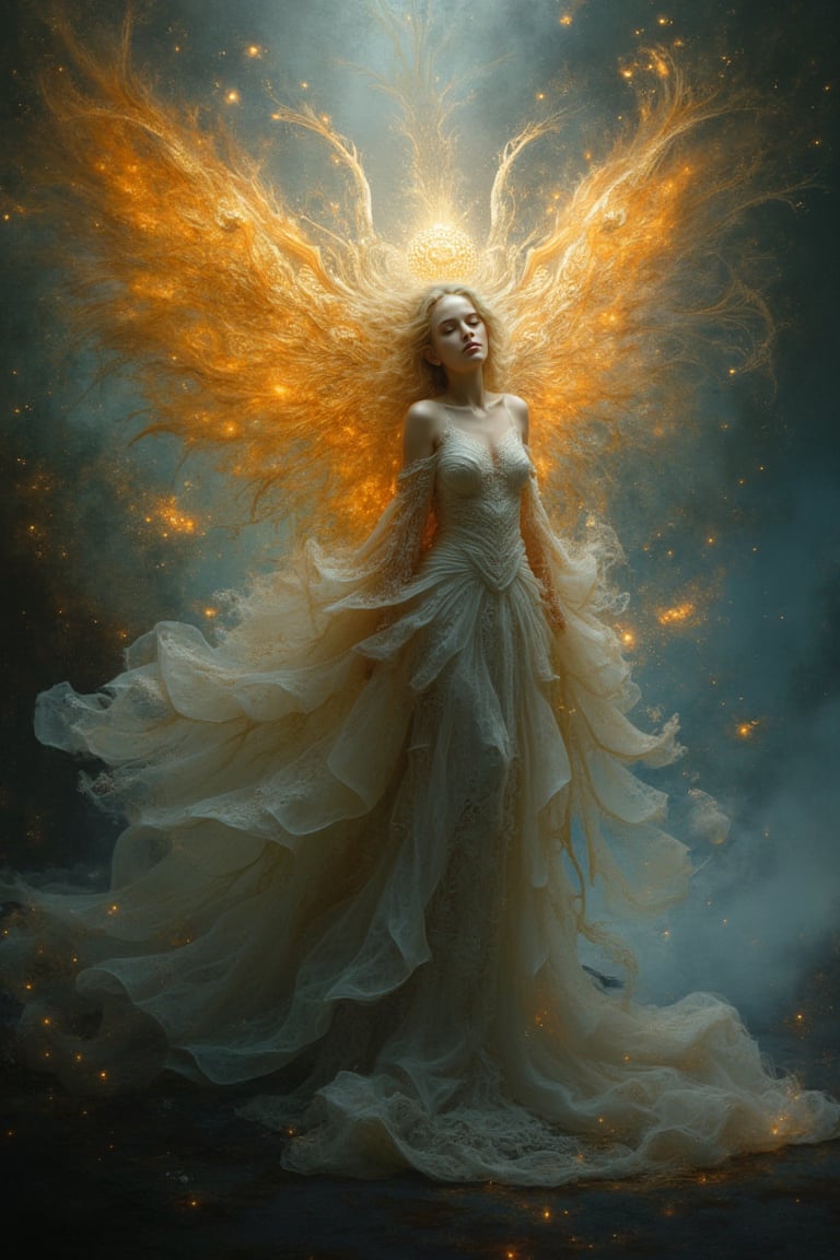 Horror-themed abstract style, depicting an otherworldly being with luminous ethereal wings, radiating an aura of tranquility and grace. The being's body is adorned with intricate patterns and delicate lines, evoking a sense of harmony amidst chaos. The high-detail, award-winning masterpiece features incredible details, non-representational colors and shapes, expressing feelings, imaginative, eerie, unsettling, dark, spooky, suspenseful, and grim. The composition emphasizes the highly detailed and captivating appearance of the being amidst the abstract and mysterious environment.