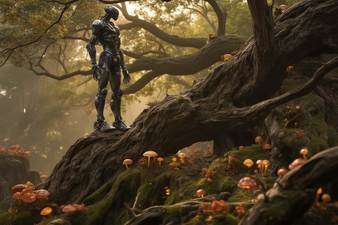 A robot standing atop a gnarled, ancient tree in a misty wilderness, bathed in warm autumn light. The 8K camera captures the intricate textures of the tree's bark and the robot's metallic skin as it gazes out upon a mystical landscape of twisted roots and glowing mushrooms.