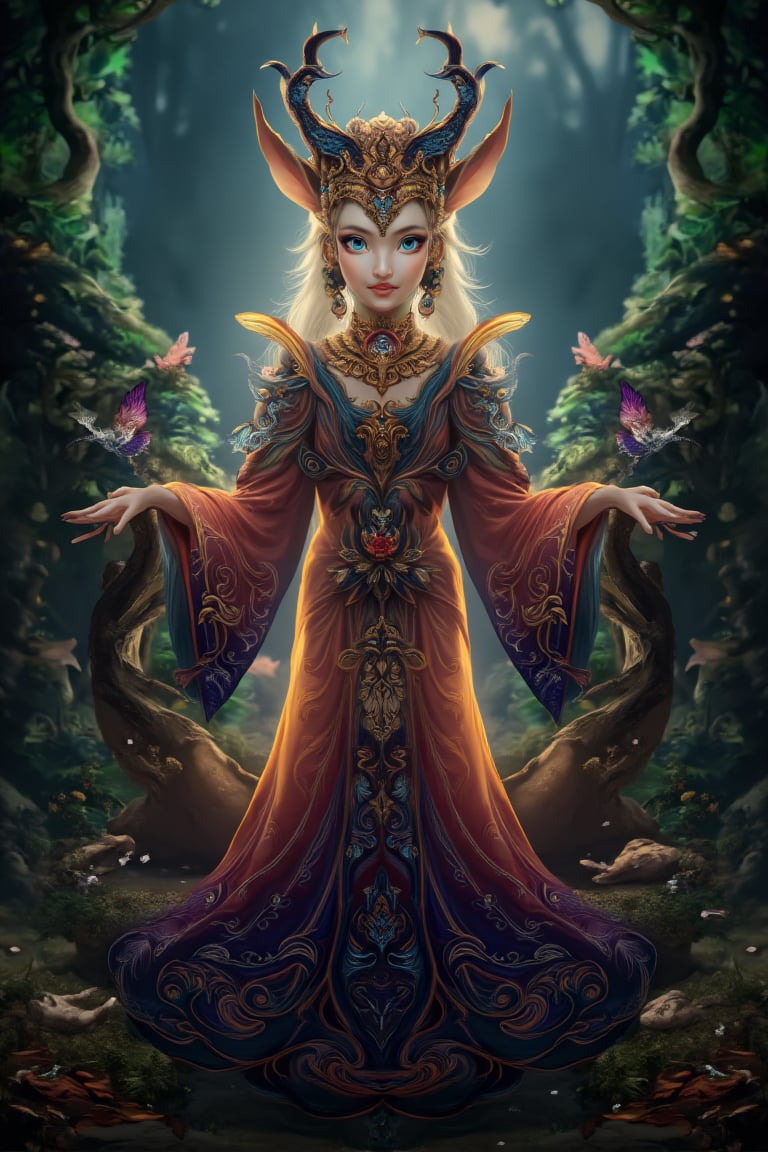 A front view of a radiant Indonesian-faced Elf woman, wearing a luxurious batik gown, standing in a mystical autumn forest. Her body glows, with striking blue eyes, surrounded by small birds and fluttering butterflies. The scene captures the enchanting beauty of the wilderness. Ultra-high definition 8K image.