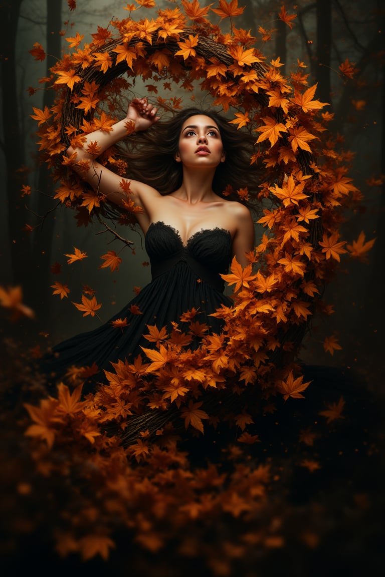 Captivating conceptual art piece, woman enveloped in swirl of autumn leaves, pulled into dark foreboding fall forest, powerful imagery symbolizing all-consuming nature of love or attraction, beauty and danger infused, rich autumn colors contrasting against shadowy depths of forest, emphasizing intensity and complexity of emotional experience, detailed composition, dynamic lighting, focused on woman's expressive pose, immersive environment blending natural and emotional elements.