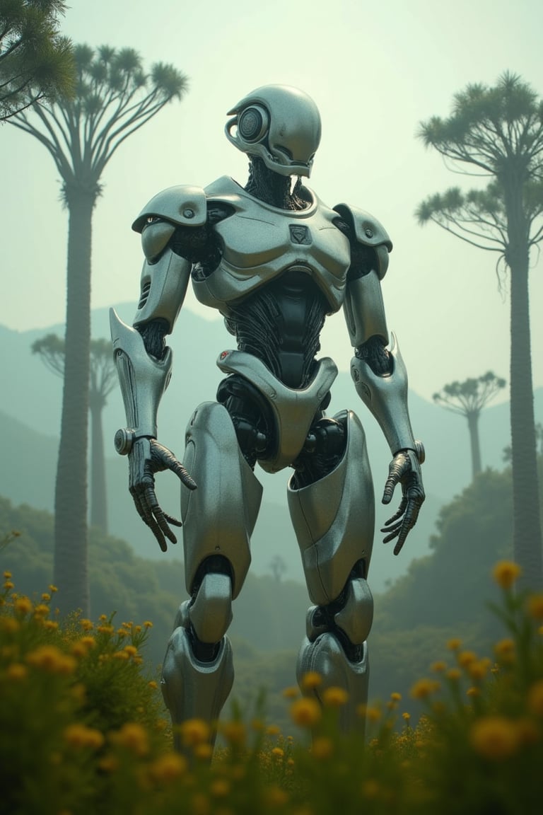 A cinematic shot of a futuristic robot in the wilderness, its body covered in shimmering venom. The robot stands tall, its metallic limbs glistening under the soft, ethereal light of a fantasy landscape. The background features towering, otherworldly trees and a misty horizon. The composition is dynamic, with the robot's pose exuding power and mystery, framed to emphasize its grandeur against the surreal wilderness.