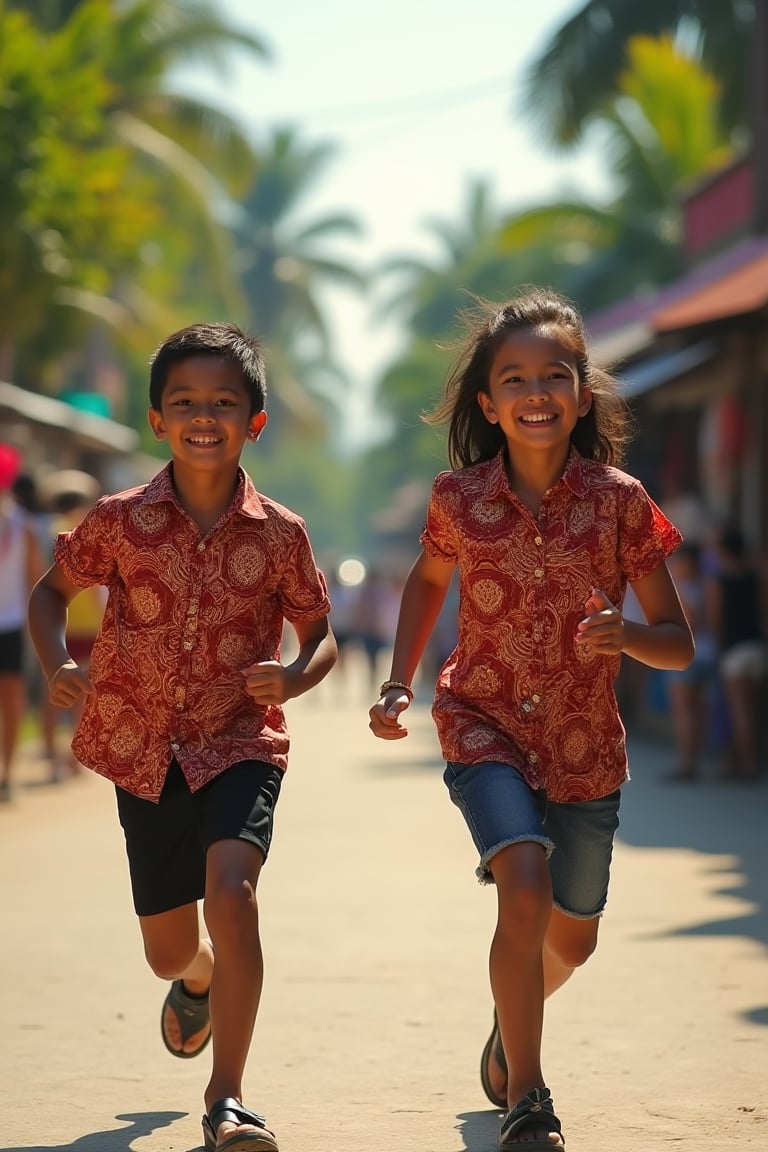 A vibrant scene of a teenage boy and girl, both wearing batik-patterned shirts, running joyfully down a lively Indonesian street. The 8K ultra-high detailed image captures their radiant smiles and the intricate batik designs on their shirts. The composition frames them in mid-stride, with the bustling street and tropical landscape in the background. The lighting is bright and warm, enhancing the sense of happiness and the colorful surroundings.