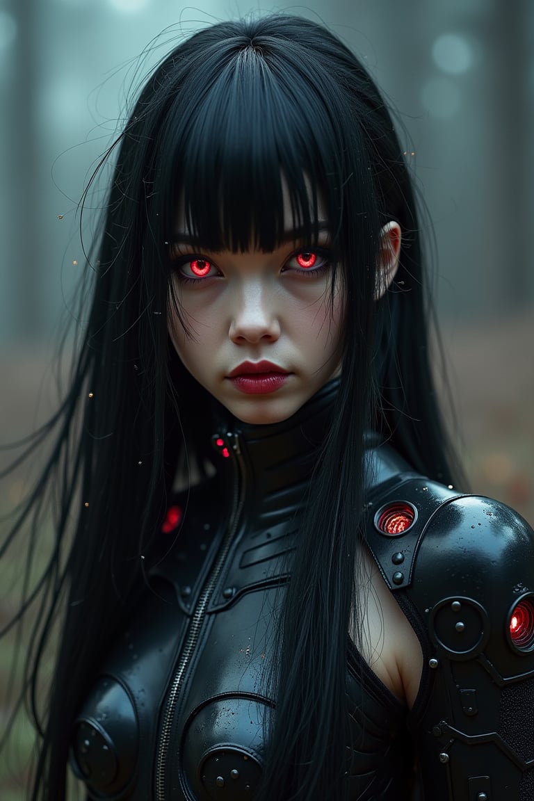 an upperbody close-up realistic shot with ultra detailed photo of sumetal from babymetal wearing a black metal cyborg suit , dark future battlefield background, ,heavy_jacket,Fire Angel Mecha. hyper realistic photo, UHD quality. hyper realistic photo, UHD quality., focus,more detail XL., ,suzuka,bm