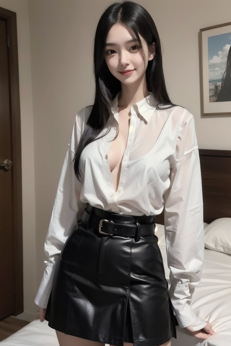 masterpiece, best quality, photorealistic, raw photo, 1girl, black straight hair, very long hair, slender body, perfect brasts, Not buttoned blouse, skirt, light smile, detailed skin, pore, bedroom