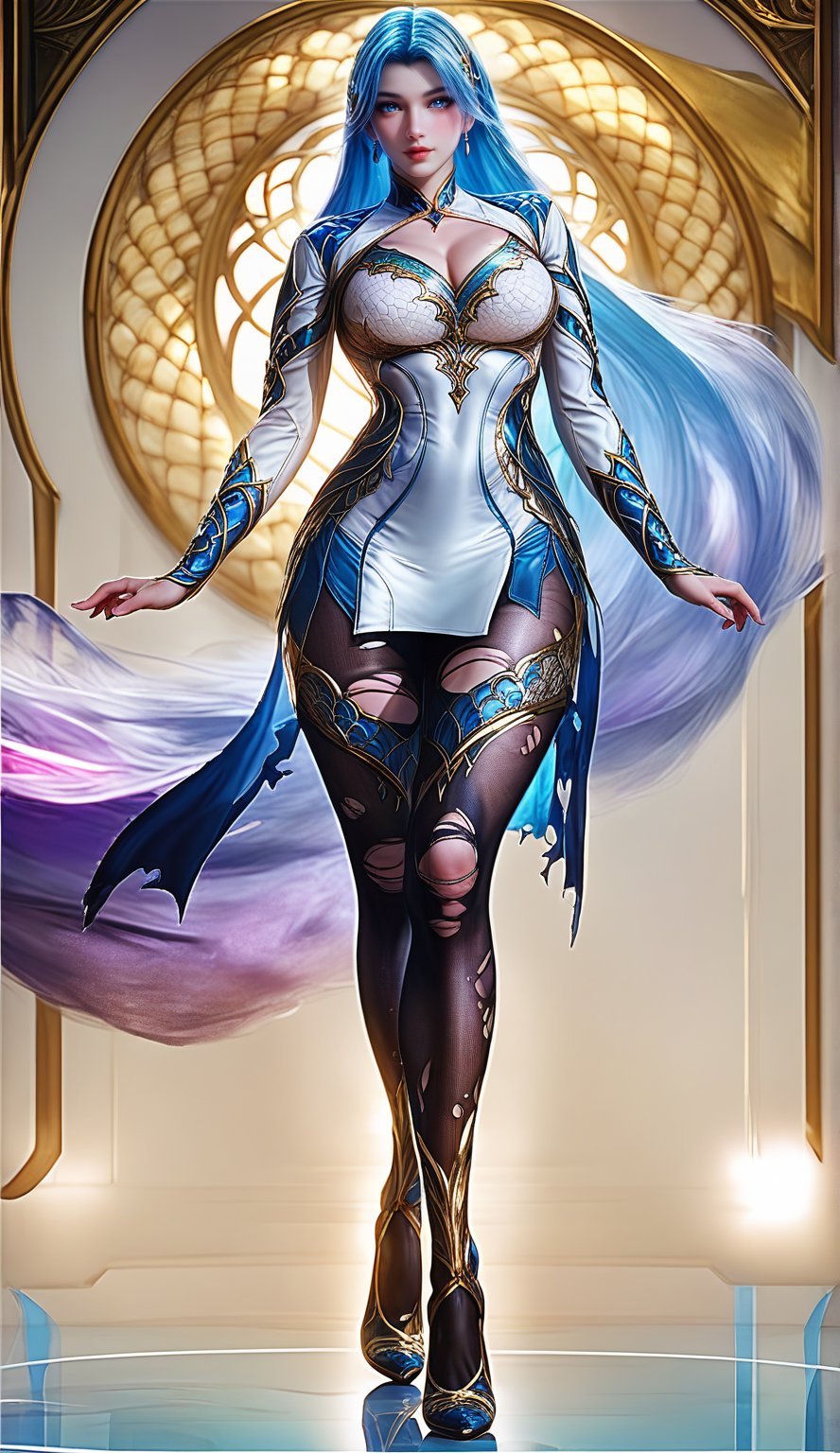 Extremely Realistic, score_6_up, score_7_up, score_8_up, score_9, (wangqiuer, full body shot, torn black pantyhose, high heels, standing, sexy pose, sexy model pose, full body in front view direction, facing viewer, blue and white outfit with golden patterns and designs,high neckline and long sleeves, torn black pantyhose, high heels, looking at viewer,the overall color scheme of the image is predominantly blue and white,with hints of purple and pink,the image has a dreamy,ethereal quality,with a sense of depth and mystery,)