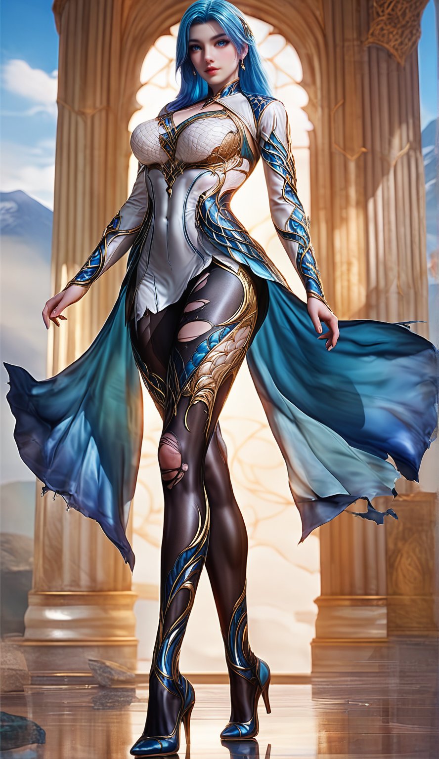 Extremely Realistic, score_6_up, score_7_up, score_8_up, score_9, (wangqiuer, full body shot, torn black pantyhose, high heels, standing, sexy pose, sexy model pose, full body in front view direction, facing viewer, blue and white outfit with golden patterns and designs,high neckline and long sleeves, torn black pantyhose, high heels, standing, sexy pose, sexy model pose, looking at viewer, mountainous forested shallow lake)