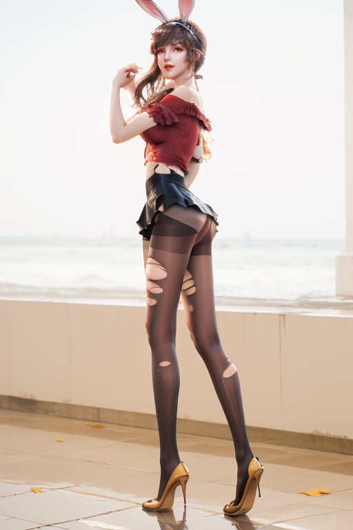 1girl, animal ears, rabbit ears, dress, solo, ponytail, open_mouth, miniskirt, brown hair, hair ornament, mischevious smile, ((ripped pantyhose)), torn pantyhose, (torn black pantyhose:1.2), slender legs, (long_legs:1.2), Nice legs and hot body