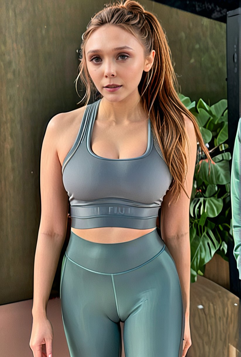 Extremely Realistic, 1girl, solo, beautiful woman, sexy woman, (((elizabeth olsen, brown hair, long hair, beautiful and detailed eyes, ((hairtie, ponytail)), full body, ((she wears sports bra and tight leggings in full body shot)), ((elizabeth olsen wears tight Cameltoe, cameltoe pussy in full body shot)), front_view))), facing_viewer, looking_at_viewer, gigantic_breast, cosplay photo, full body, tight_outfit, wet clothes, yoga pants, black pants, high-waist pants, leggings, tight pants, ass focus, show ass, cum_filled, cum on face, cum on body, cum on clothing