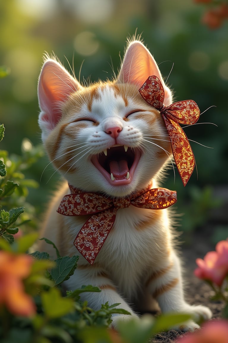 A cat with a batik-patterned ribbon on its ear, happily laughing with eyes closed, in a garden setting. Ultra-high detailed, 8k resolution, capturing the cat's joyful expression and the intricate batik design on the ribbon. The scene is set in a lush garden, with the cat in the center, framed by vibrant plants and flowers, showcasing its playful and content pose.