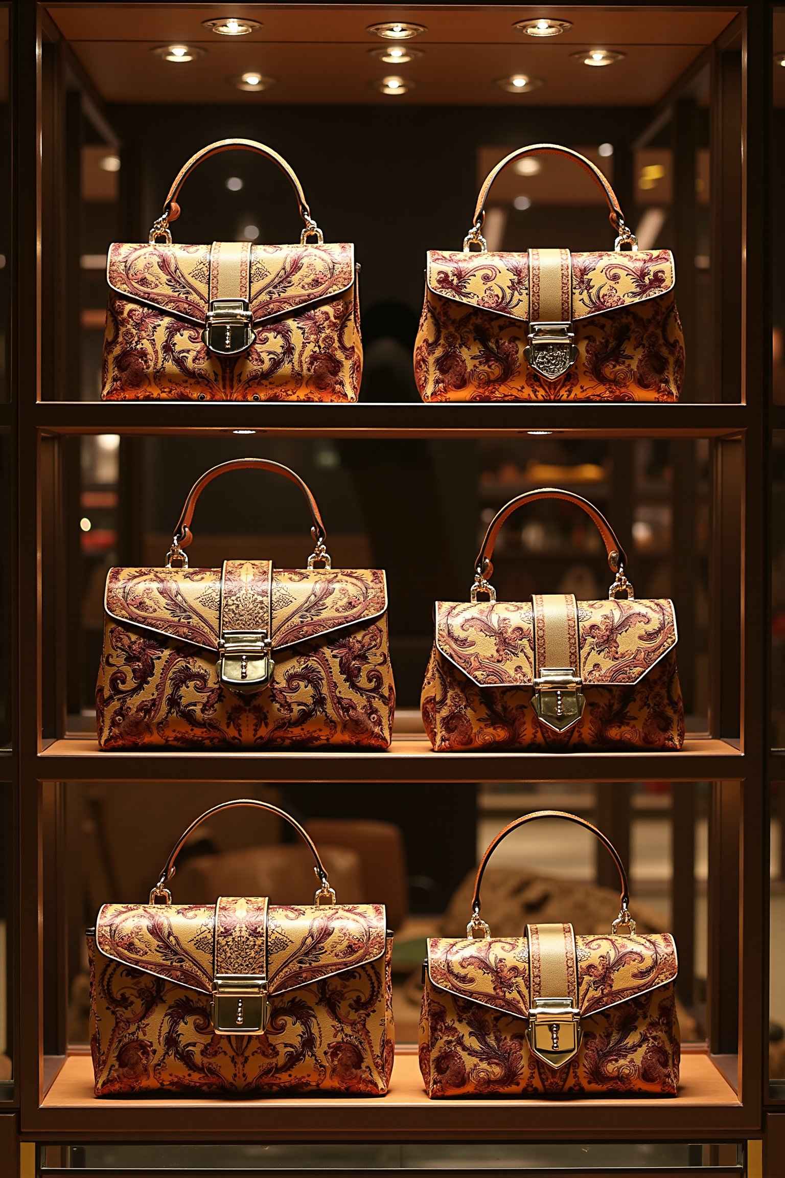 A luxurious display case in a high-end store, showcasing a variety of exotic, batik-patterned bags in different shapes and sizes. Ultra-high detailed, 8k resolution, with perfect lighting highlighting the elegant and intricate designs. The bags are arranged in a visually appealing manner, each one meticulously detailed, capturing the luxurious and exotic essence of the batik patterns. The scene is well-lit, emphasizing the opulence and elegance of the display.