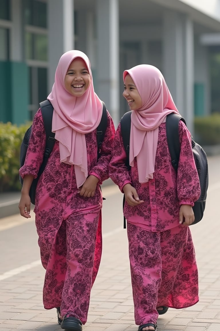 Two 10-year-old girls in pink batik uniforms, wearing hijabs, happily walking and laughing together, each carrying a backpack. Ultra-high detailed, 8k resolution, capturing their joyful expressions and the intricate batik patterns on their uniforms. The scene is set in front of a school, with the girls in the center, framed by the school building, showcasing their vibrant and cheerful interaction as they head home after school.