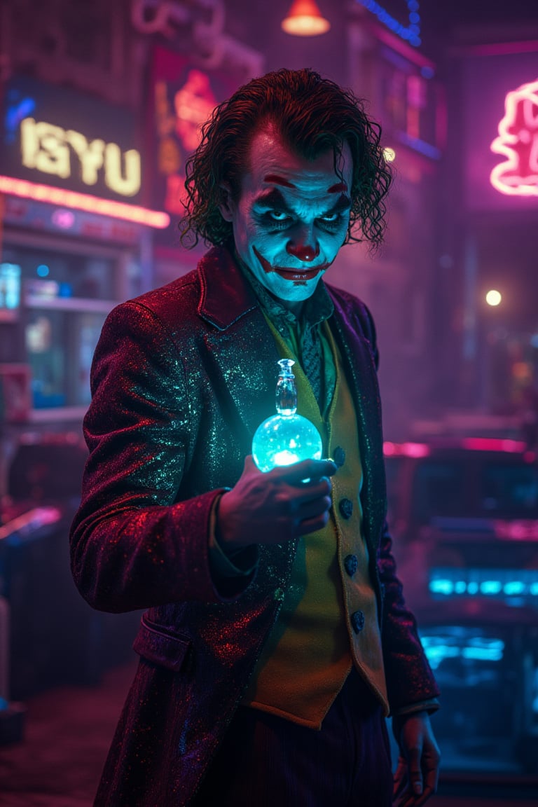 An 8K image of the Joker holding a neon-glowing potion, rendered in realistic CG with a cinematic, fantasy style. The scene is vibrant with neon lights, capturing the Joker's sinister yet captivating presence, and the mysterious, glowing potion in his hand.