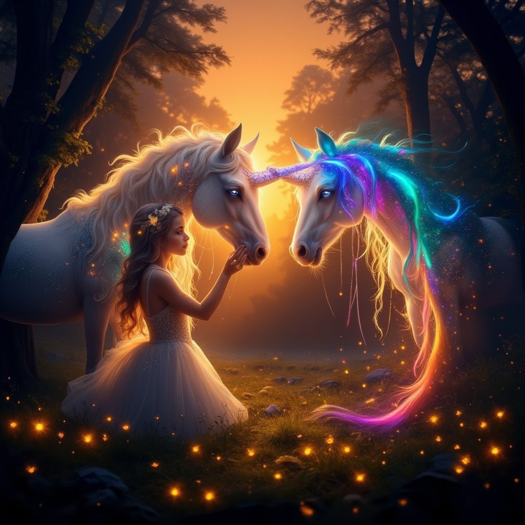 Here's a prompt for an acrylic painting or anime-style image:

Whispering Forest Twilight: A dreamlike scene where a girl with long blonde hair and a flowing white dress, embroidered with deep blue and silver, stands in a golden-lit forest. Her eyes glow with a soft light as she reaches out to touch the horn of a majestic unicorn, its fur shimmering like snow and horns glowing in rainbow hues. The atmosphere is enchanted, with small spirits of light dancing around them, and the camera pans slowly between the girl and the unicorn, emphasizing their connection. In the background, the silhouette of a dark forest adds depth to the scene, as the warm orange glow of sunset envelops the duo, creating a magical world for just them.