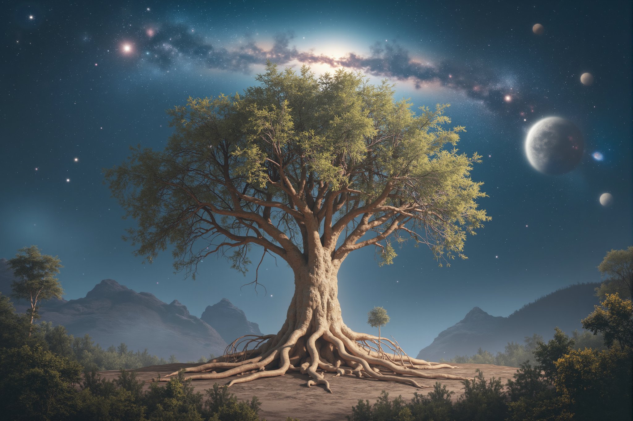 A 4K, realistic fantasy image of a majestic Pohon dunia semesta (Tree of the Universe) with intricate, glowing roots extending into a cosmic landscape. The tree's branches are adorned with shimmering, otherworldly leaves, and celestial bodies float around it. The scene is bathed in soft, ethereal light, with a wide shot capturing the awe-inspiring scale and mystical atmosphere.