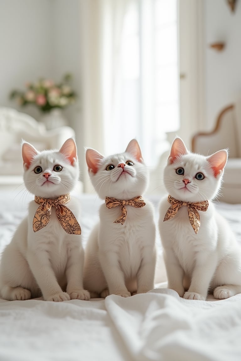 Three cute cats wearing batik-patterned ribbons around their necks, posing amusingly in a luxurious white-themed home. Ultra-high detailed, 8k resolution, capturing their playful expressions and the intricate batik designs on the ribbons. The scene is set in a lavish, white-colored interior, with the cats in the center, framed by elegant furnishings, showcasing their charming and humorous poses.