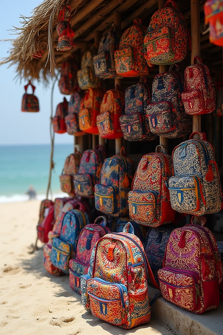 A traditional beachside shop selling a variety of colorful batik-patterned backpacks in different sizes. Ultra-high detailed, 8k resolution, with vibrant colors and intricate batik designs. The scene captures the coastal ambiance, with the shop nestled by the beach, showcasing the diverse and colorful backpacks. The lighting is natural, highlighting the lively and festive atmosphere of the beachside shop.