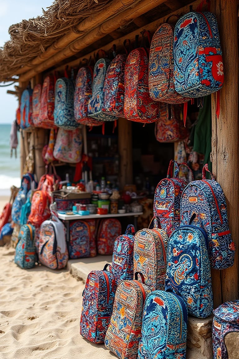 A traditional beachside shop selling a variety of colorful batik-patterned backpacks in different sizes. Ultra-high detailed, 8k resolution, with vibrant colors and intricate batik designs. The scene captures the coastal ambiance, with the shop nestled by the beach, showcasing the diverse and colorful backpacks. The lighting is natural, highlighting the lively and festive atmosphere of the beachside shop.