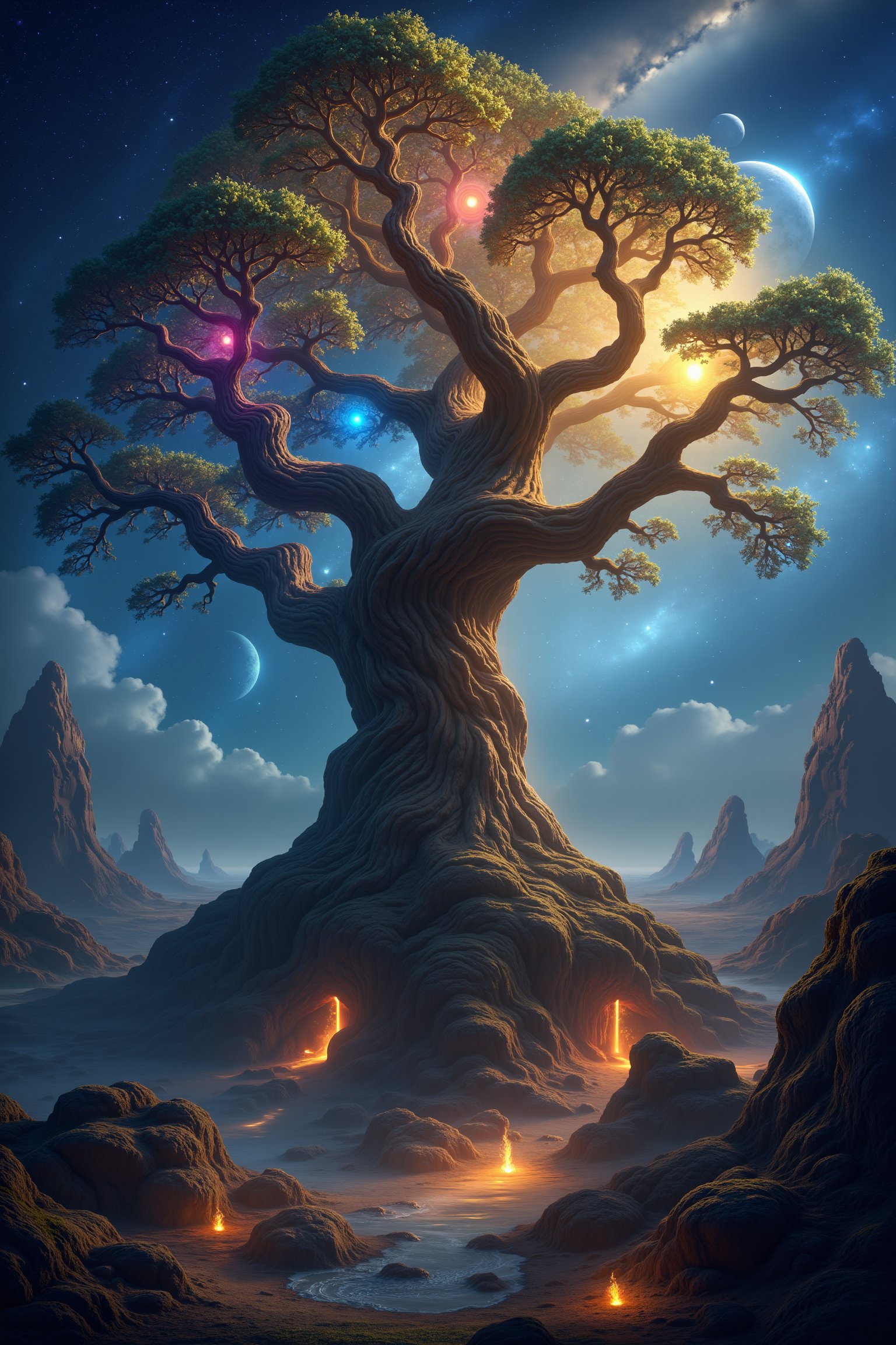 A 4K, realistic, fantasy image of a majestic Pohon dunia semesta (Tree of the Universe), with intricate, glowing roots extending into a cosmic landscape. The tree's branches are adorned with shimmering, otherworldly leaves, and celestial bodies float around it. The scene is bathed in soft, ethereal light, with a wide shot capturing the awe-inspiring scale and mystical atmosphere.