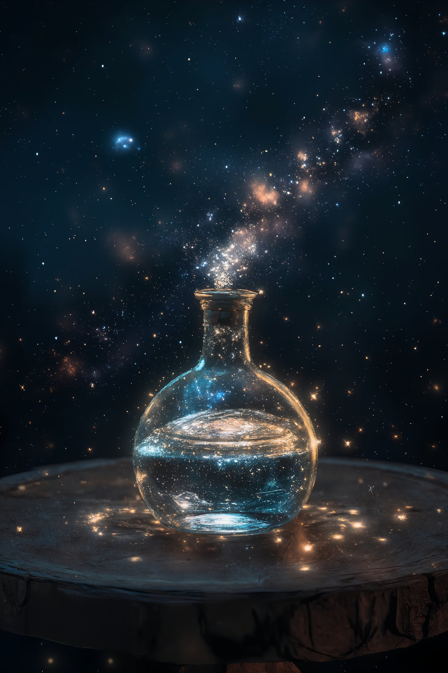 A clear glass potion bottle sits atop a darkened room's wooden table, illuminated by soft, ethereal light. The potion's contents reveal a breathtaking celestial scene: swirling galaxies, shimmering planets, and stars twinkling like diamonds against a deep blue-black canvas. A tiny, luminous sprite flits about the bottle's rim, leaving trails of glittering sparks in its wake. UHD resolution captures every detail, from the delicate glass curves to the whimsical sprite's mischievous antics.