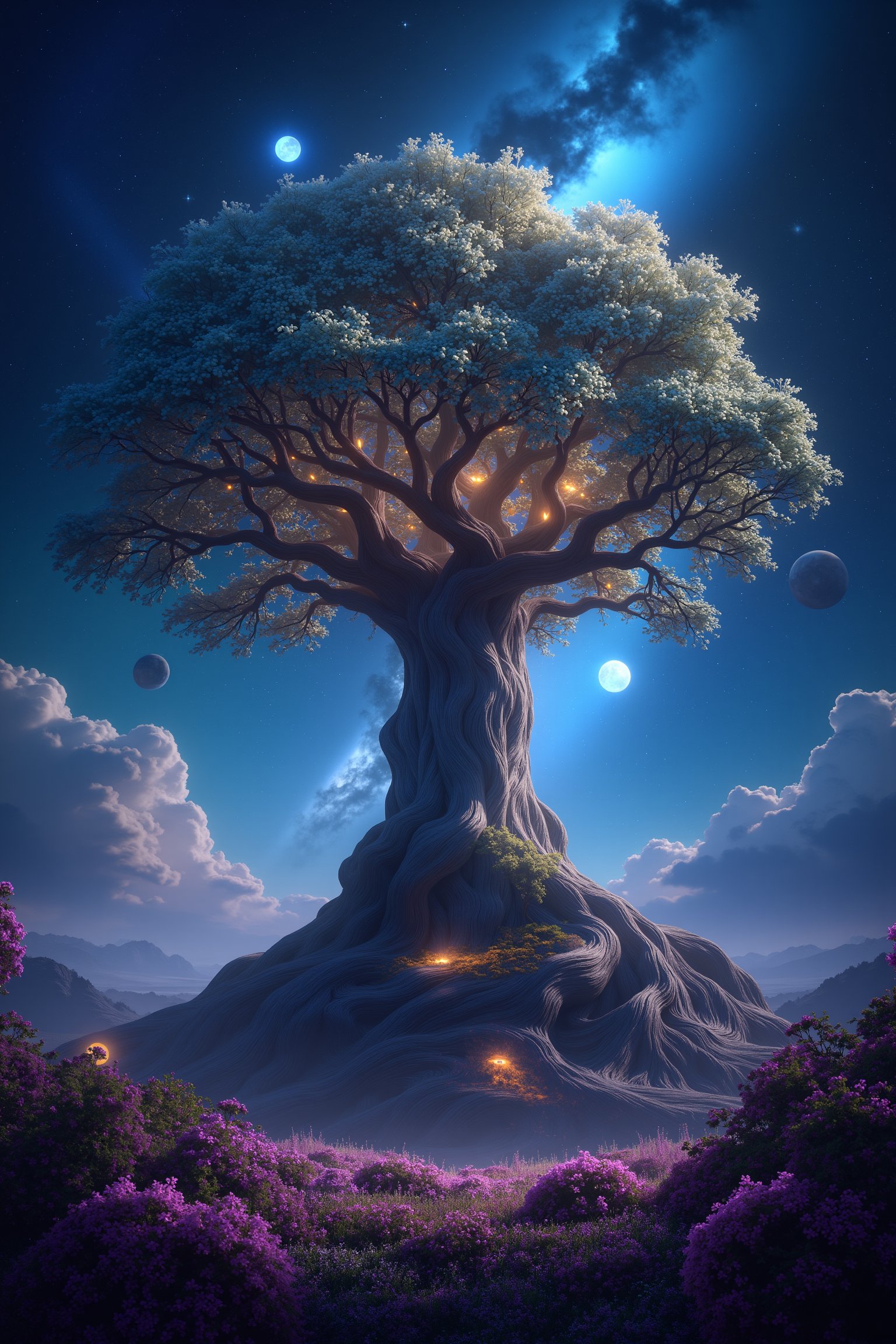 A 4K, realistic, fantasy image of a majestic Pohon dunia semesta (Tree of the Universe), with intricate, glowing roots extending into a cosmic landscape. The tree's branches are adorned with shimmering, otherworldly leaves, and celestial bodies float around it. The scene is bathed in soft, ethereal light, with a wide shot capturing the awe-inspiring scale and mystical atmosphere.