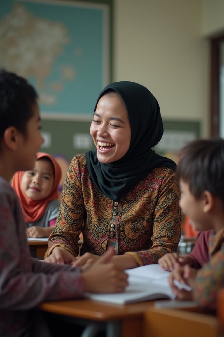 A hijab-wearing teacher in a batik-patterned outfit laughing with her 6-year-old students in a classroom. Ultra-high detailed, 8k resolution, capturing the joyful atmosphere and the intricate batik designs on her clothing. The scene is set during a teaching session, with the teacher in the center, framed by the students' desks, showcasing the lively and engaging interaction between the teacher and her young pupils.