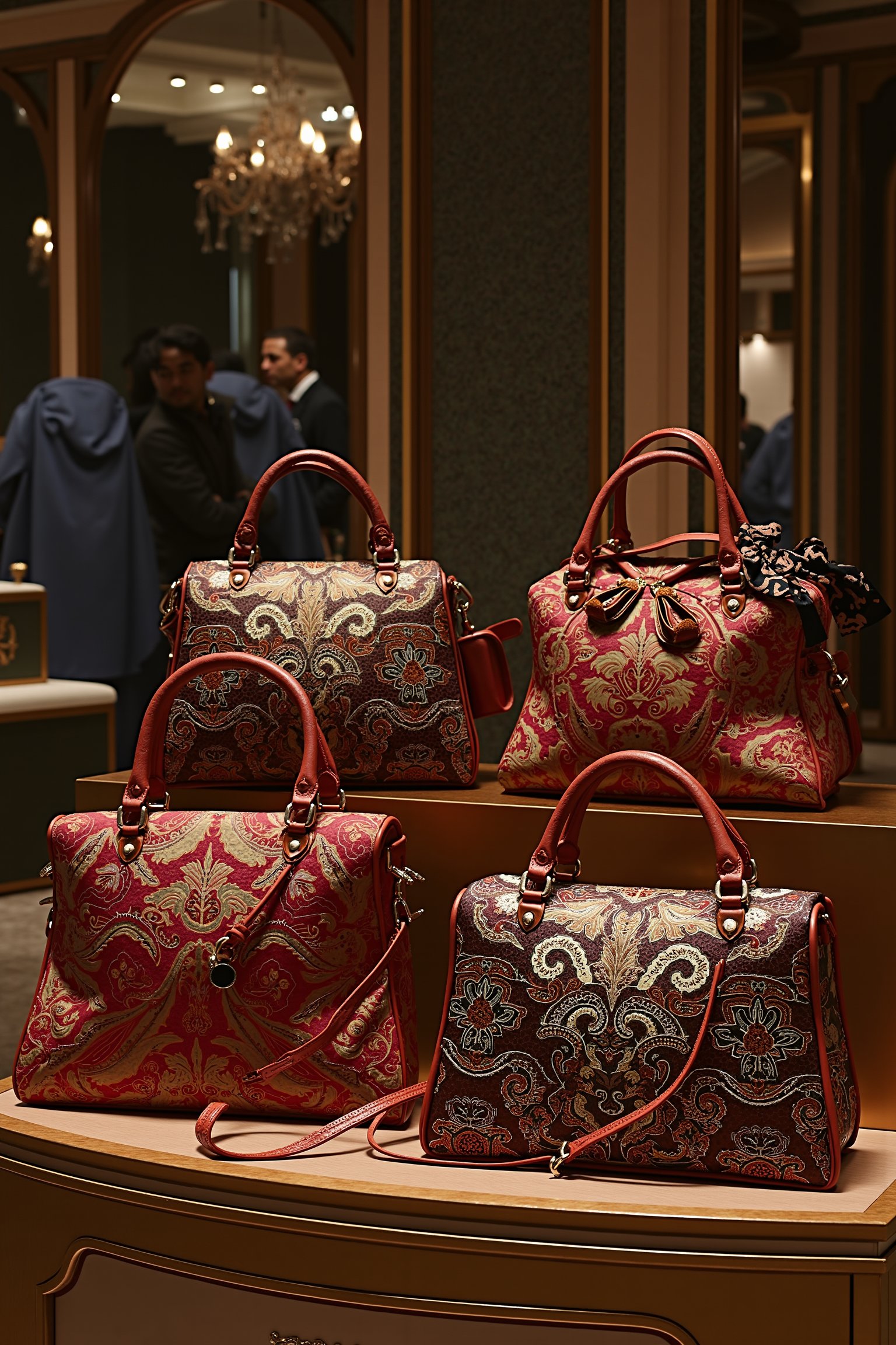 A luxurious display case in a high-end store, showcasing a variety of exotic, batik-patterned bags in different shapes and sizes. Ultra-high detailed, 8k resolution, with perfect lighting highlighting the elegant and intricate designs. The bags are arranged in a visually appealing manner, each one meticulously detailed, capturing the luxurious and exotic essence of the batik patterns. The scene is well-lit, emphasizing the opulence and elegance of the display.