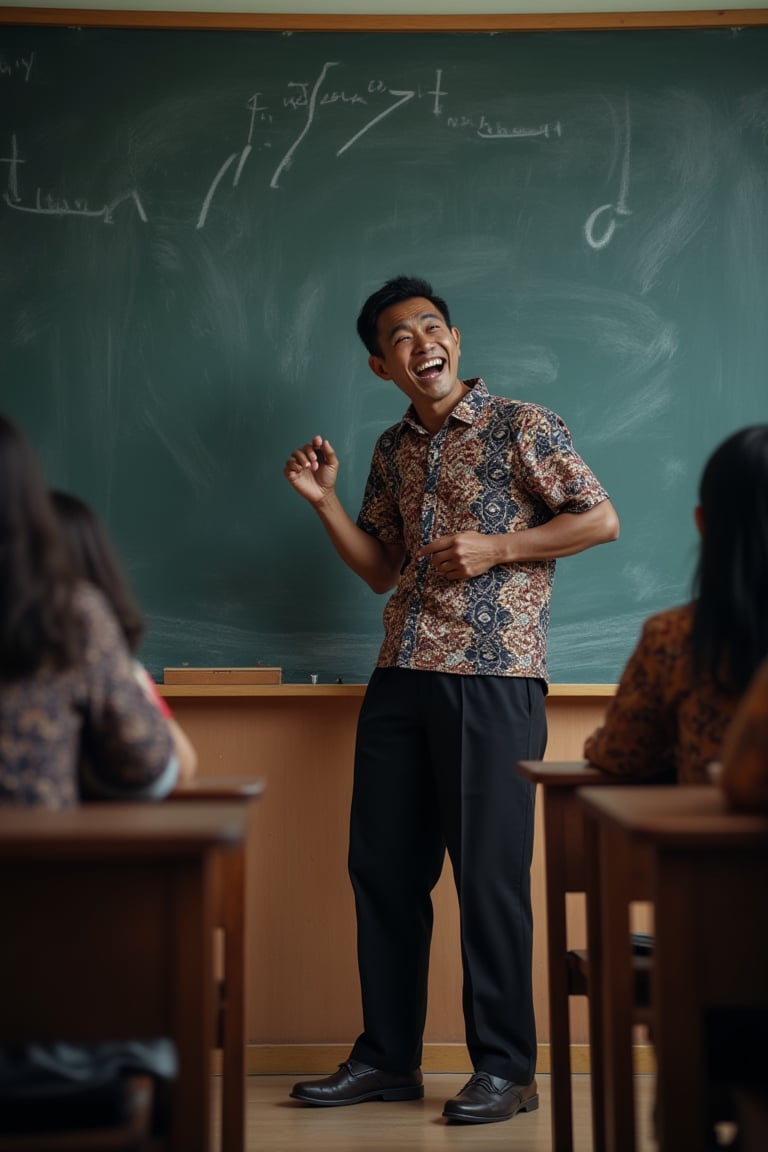 An Indonesian teacher passionately teaching in front of a classroom, wearing a batik-patterned shirt, black long pants, and leather shoes. He stands in front of a chalkboard, enthusiastically explaining concepts. Ultra-high detailed, 8k resolution, with sharp focus on the teacher's animated gestures and the intricate details of the chalkboard. The scene is brightly lit, capturing the dynamic interaction between the teacher and the chalkboard, framed by students' desks.