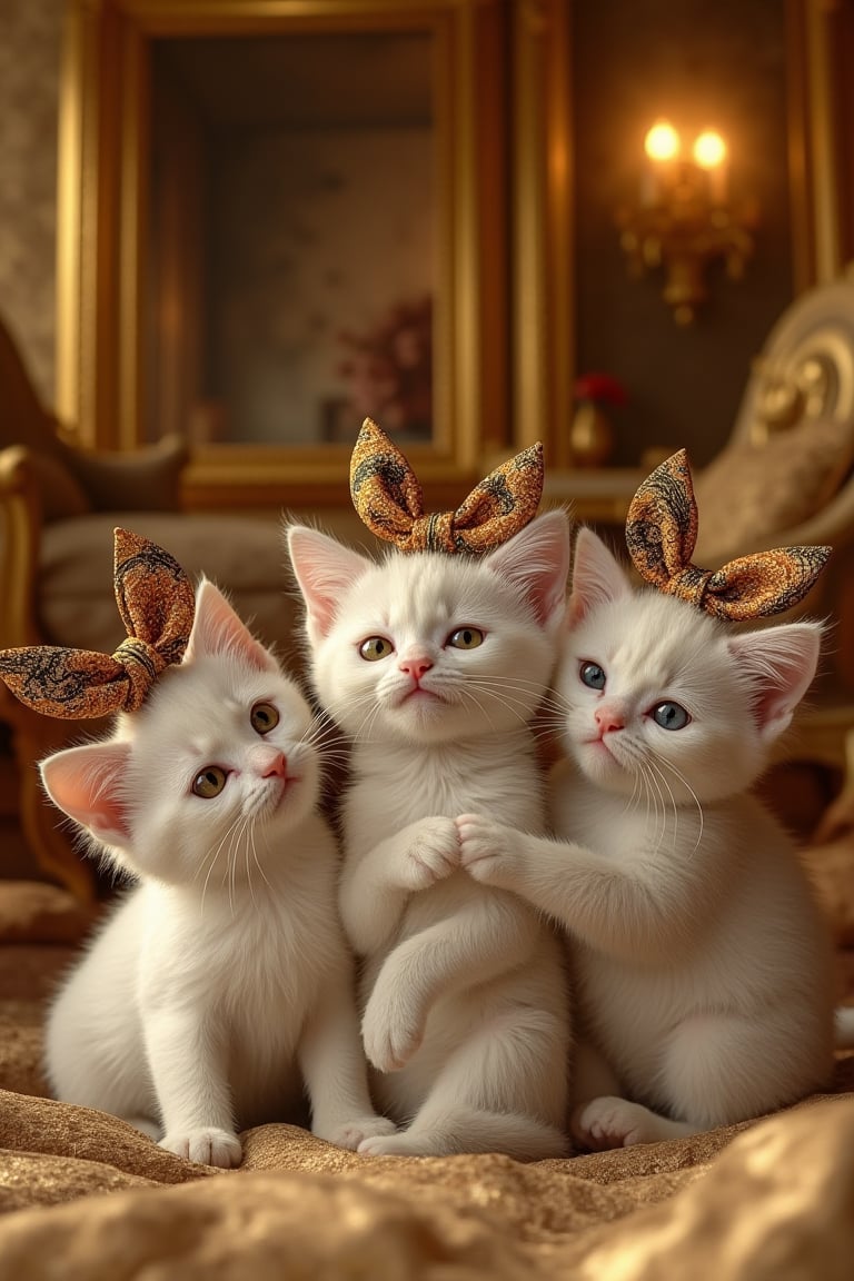 Three affectionate cats wearing batik-patterned ribbons on their heads, posing endearingly in a luxurious gold-themed home. Ultra-high detailed, 8k resolution, capturing their sweet expressions and the intricate batik designs on the ribbons. The scene is set in a lavish, gold-colored interior, with the cats in the center, framed by elegant furnishings, showcasing their charming and loving poses.