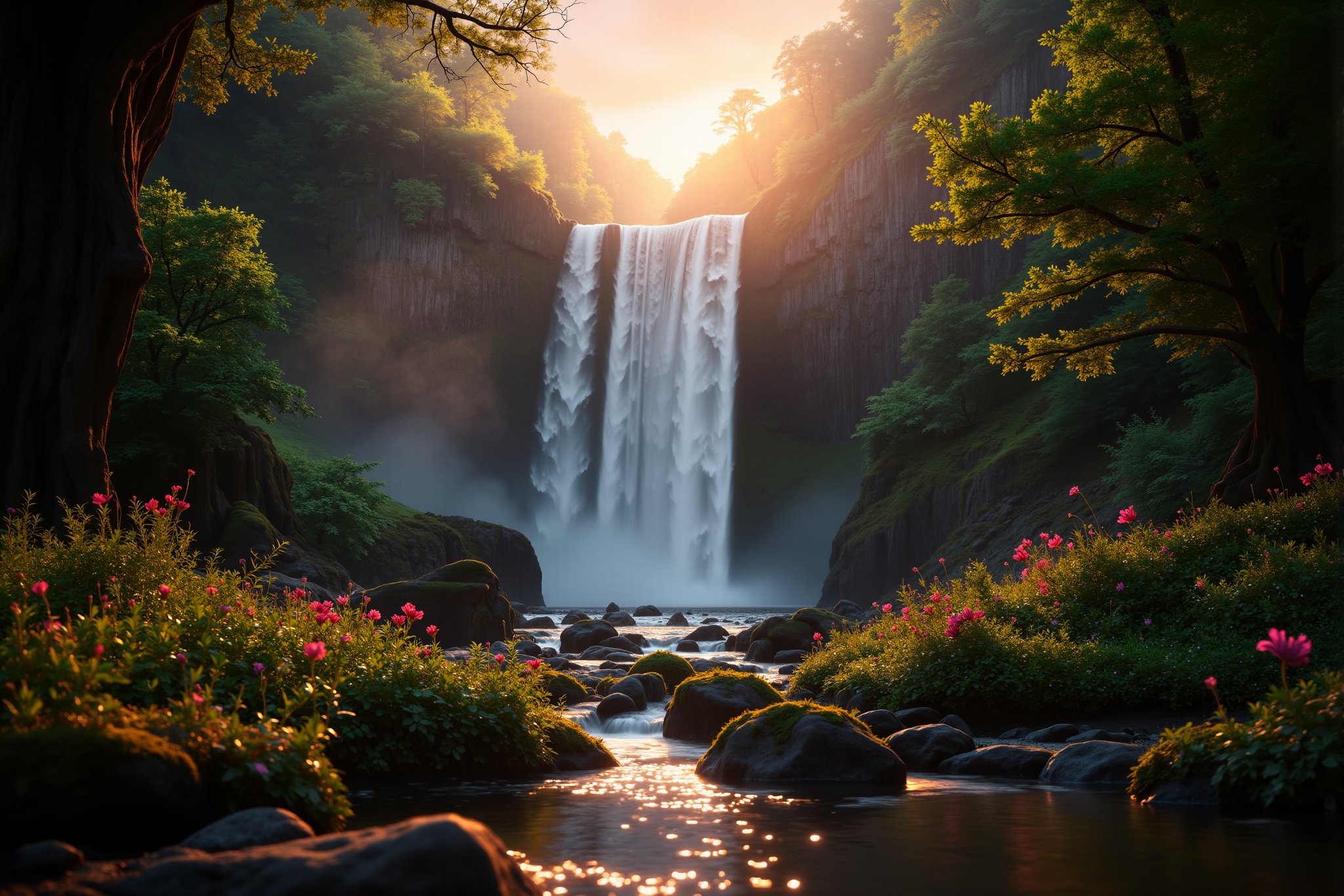 A majestic waterfall cascades down a rocky slope, surrounded by lush greenery and vibrant flowers. Soft golden light illuminates the misty veil rising from the water's edge, casting a warm glow on the tranquil forest floor. The camera pans across the natural wonder, capturing the gentle dance of sunlight and shadows as day yields to night. Framed within a serene sunset scene, the camera captures the subtle nuances of fading daylight, with warm hues of orange and pink mingling with the soft golden light.