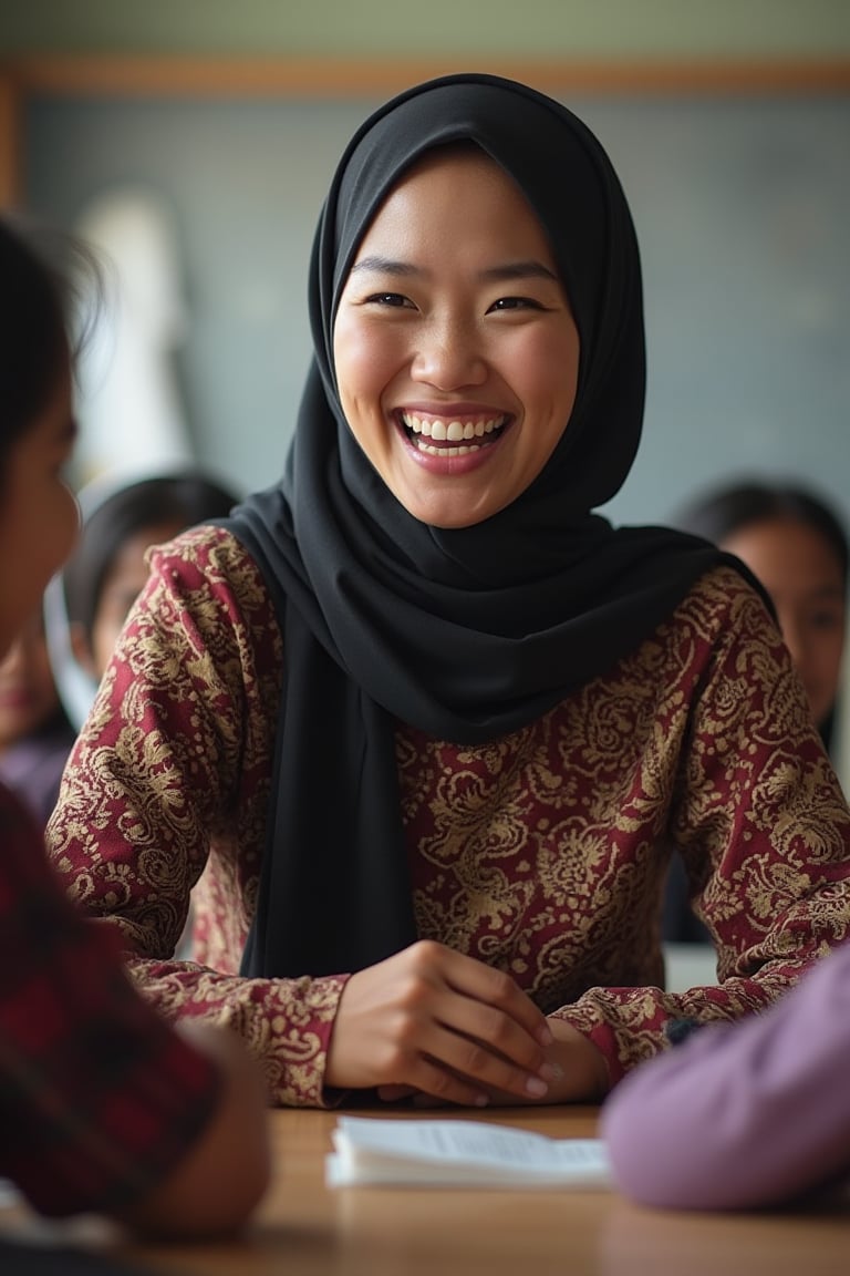 A hijab-wearing teacher in a batik-patterned outfit laughing with her 6-year-old students in a classroom. Ultra-high detailed, 8k resolution, capturing the joyful atmosphere and the intricate batik designs on her clothing. The scene is set during a teaching session, with the teacher in the center, framed by the students' desks, showcasing the lively and engaging interaction between the teacher and her young pupils.