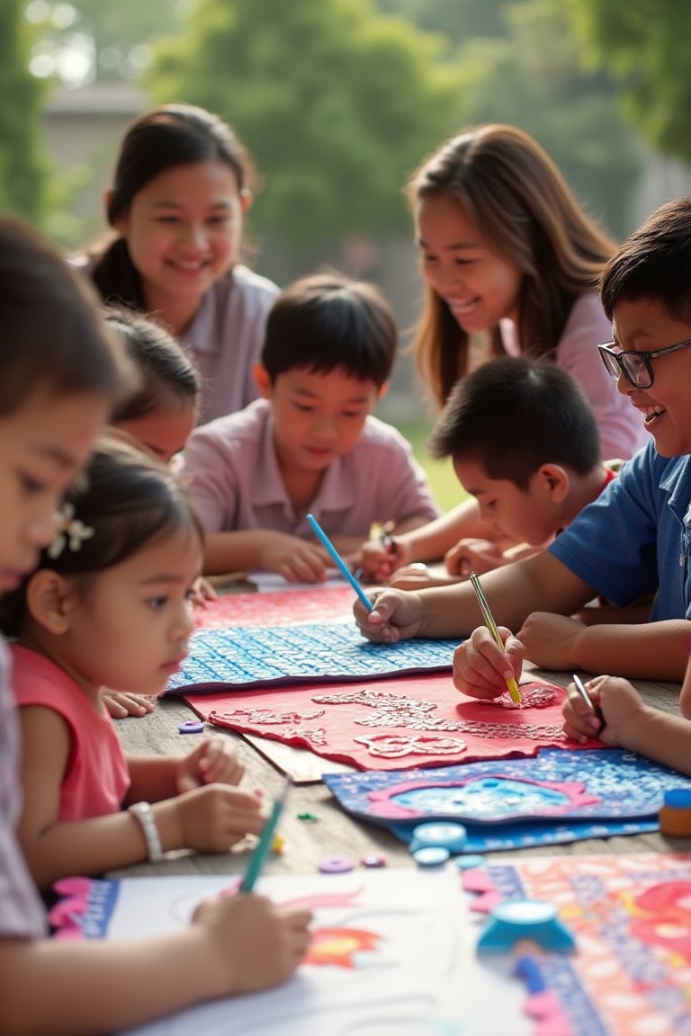 An ultra high detailed, 8K image of 8-year-old children participating in a batik competition in the schoolyard. They create various beautiful batik patterns with different shapes and colors, under the watchful eyes of two happy teachers. It's a cheerful morning scene, with the children smiling and the teachers looking pleased. The vibrant colors and joyful expressions are captured in the soft, morning light.