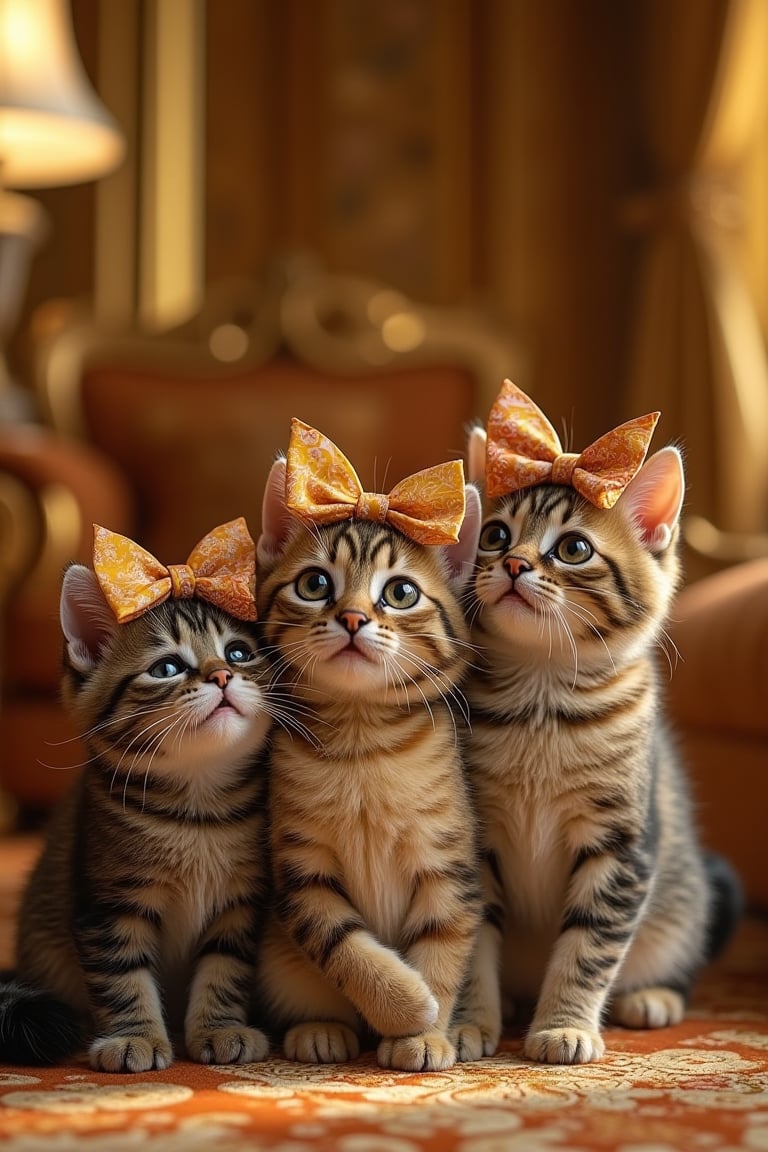 Three affectionate cats wearing batik-patterned ribbons on their heads, posing endearingly in a luxurious gold-themed home. Ultra-high detailed, 8k resolution, capturing their sweet expressions and the intricate batik designs on the ribbons. The scene is set in a lavish, gold-colored interior, with the cats in the center, framed by elegant furnishings, showcasing their charming and loving poses.