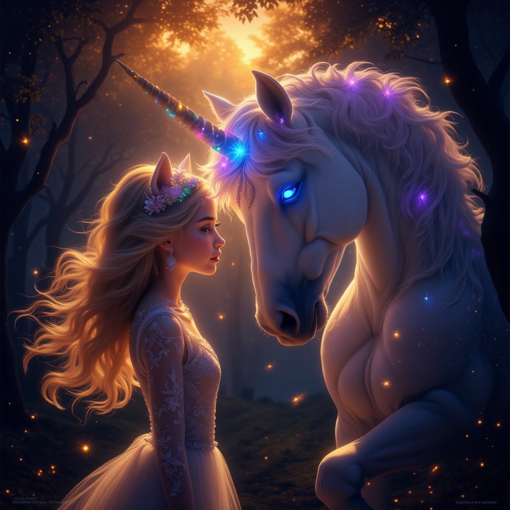 Here's a prompt for an acrylic painting or anime-style image:

Whispering Forest Twilight: A dreamlike scene where a girl with long blonde hair and a flowing white dress, embroidered with deep blue and silver, stands in a golden-lit forest. Her eyes glow with a soft light as she reaches out to touch the horn of a majestic unicorn, its fur shimmering like snow and horns glowing in rainbow hues. The atmosphere is enchanted, with small spirits of light dancing around them, and the camera pans slowly between the girl and the unicorn, emphasizing their connection. In the background, the silhouette of a dark forest adds depth to the scene, as the warm orange glow of sunset envelops the duo, creating a magical world for just them.