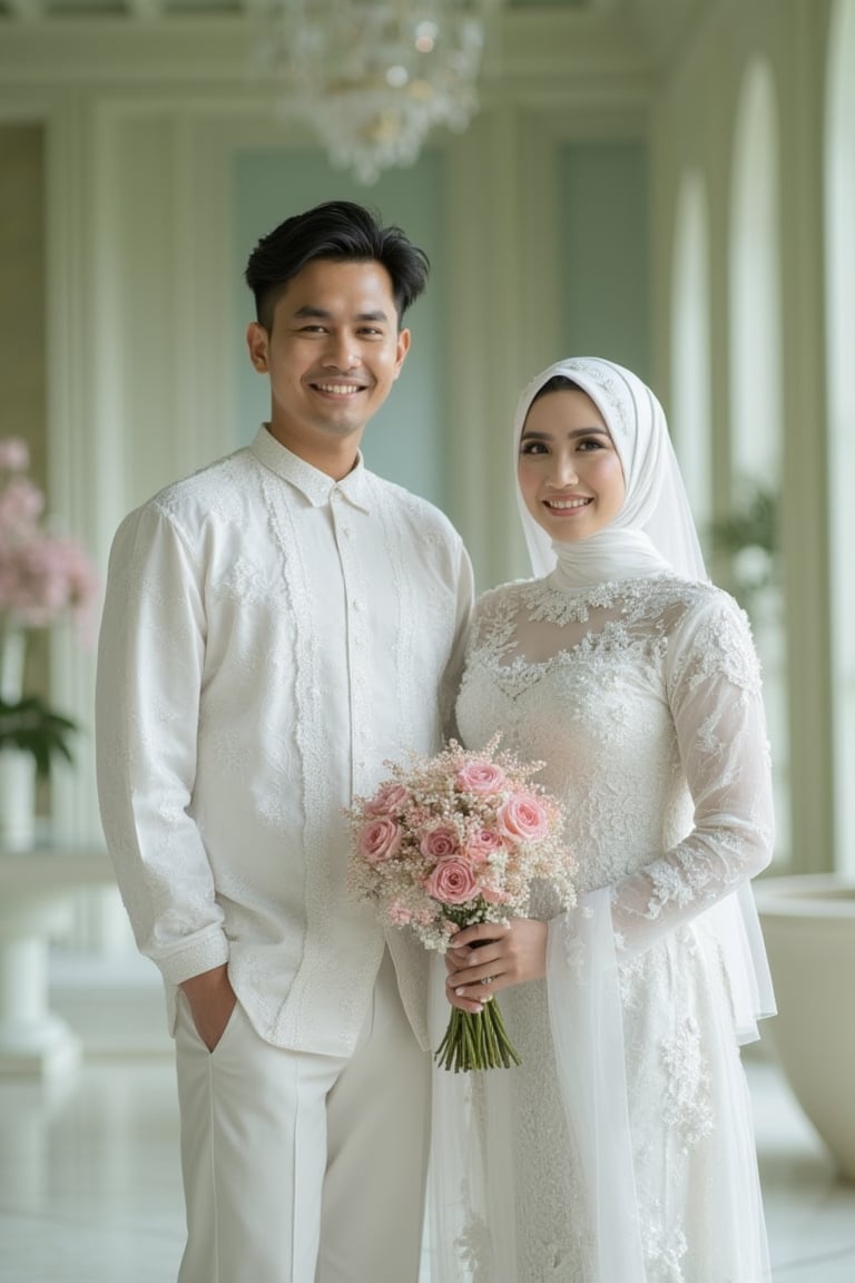 A 20-year-old bride in a white kebaya with a hijab stands beside a 25-year-old handsome groom in a white shirt, both smiling happily in a lavish light green-themed mansion. She holds a bouquet of pink flowers. Ultra-high detailed, 8k resolution. The scene is framed with elegant decor and soft lighting, capturing their radiant joy and the luxurious setting.