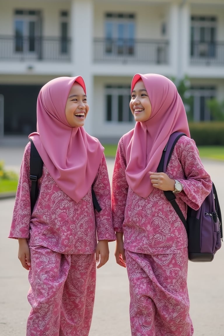 Two 10-year-old girls in pink batik uniforms, wearing hijabs, happily walking and laughing together, each carrying a backpack. Ultra-high detailed, 8k resolution, capturing their joyful expressions and the intricate batik patterns on their uniforms. The scene is set in front of a school, with the girls in the center, framed by the school building, showcasing their vibrant and cheerful interaction as they head home after school.