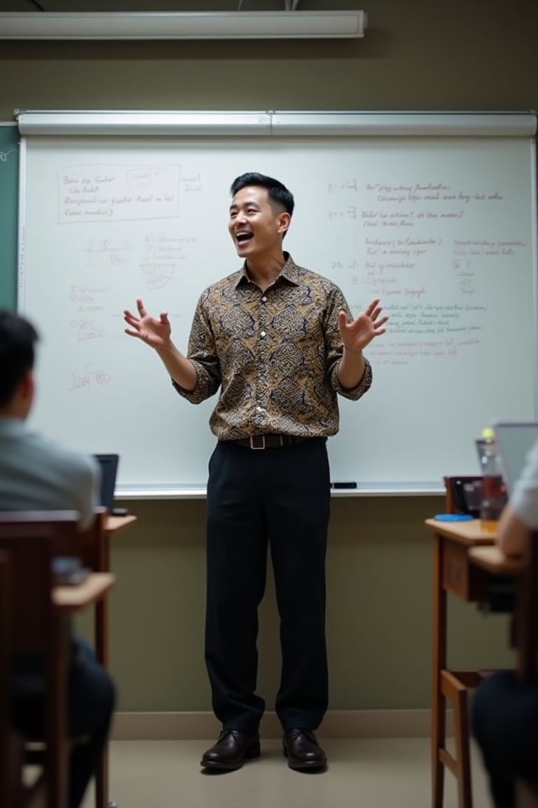 A male teacher passionately teaching in front of a classroom, wearing a batik-patterned shirt, black long pants, and leather shoes. He stands in front of a whiteboard, animatedly explaining concepts. Ultra-high detailed, 8k resolution, with sharp focus on the teacher's enthusiastic expressions and the intricate details of the whiteboard. The scene is well-lit, capturing the dynamic interaction between the teacher and the whiteboard, framed by students' desks.