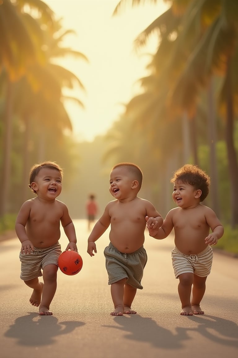 An ultra high detailed, 8K image of three chubby, cute 3-year-old children, with round faces, walking together, returning from play with a ball. It's late afternoon, with coconut trees by the roadside. They laugh happily, their joyful expressions and the serene setting captured in a warm, golden light.