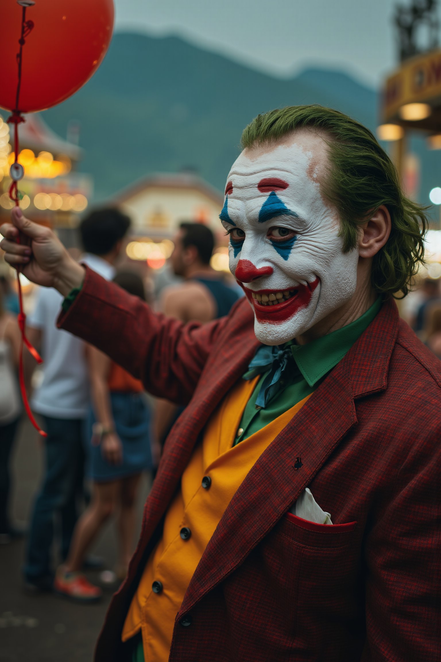 An ultra high detailed 8K image of the Joker holding a balloon at a supernatural Oktoberfest. The scene is rendered in realistic detail, capturing the Joker's iconic grin, the vibrant festival atmosphere, and the eerie, otherworldly elements of the supernatural Oktoberfest.