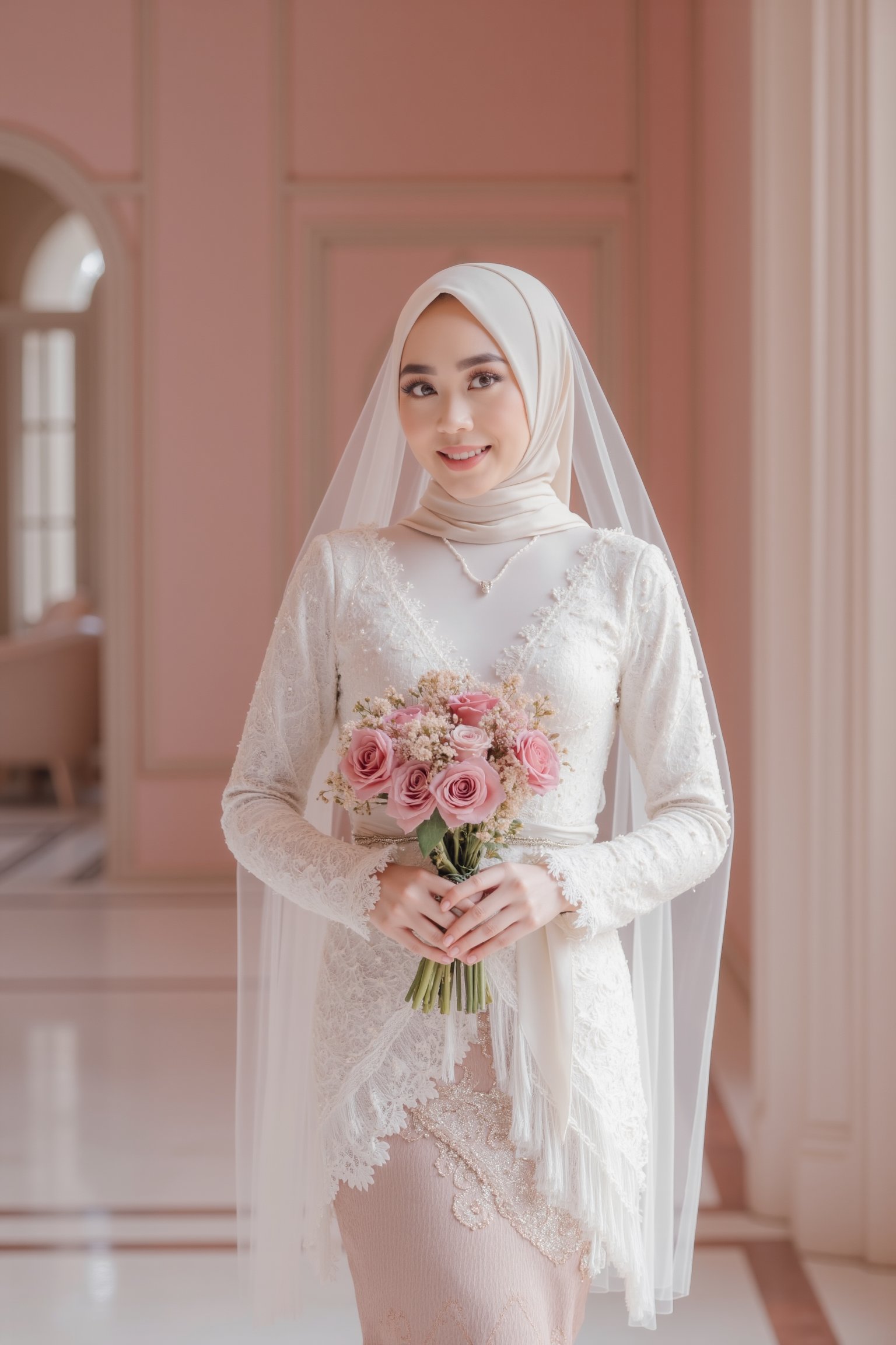 A radiant bride in a pristine white kebaya with a matching hijab stands joyfully in a lavish pink-themed mansion. She holds a bouquet of pink flowers, smiling blissfully. Ultra-high detailed, 8k resolution. The scene is framed with elegant decor and soft lighting, capturing her enchanting beauty and the luxurious setting.