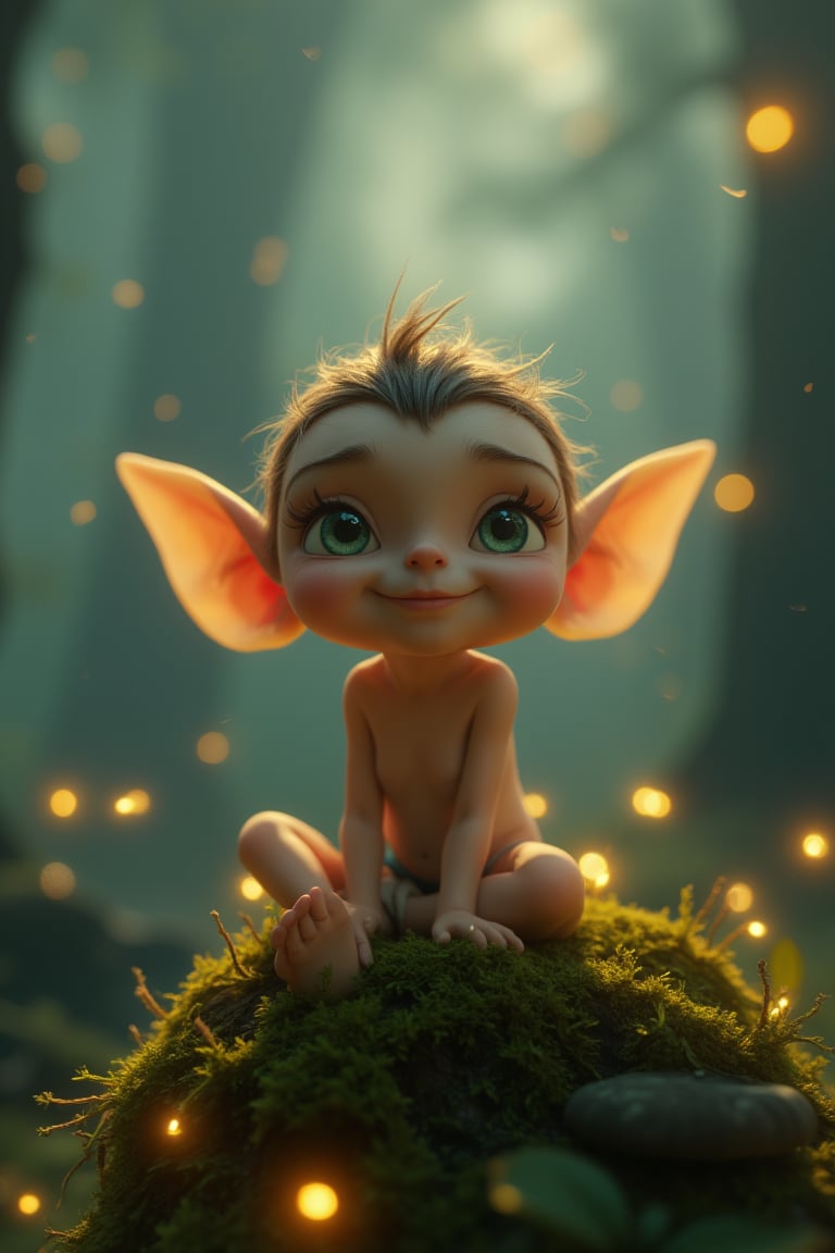 A whimsical CGI 3D animation visual of a delicate elf perching on a moss-covered mushroom, surrounded by twinkling fairy lights. The camera zooms in on the elf's intricate features, showcasing a mischievous grin and piercing green eyes. Soft, warm lighting casts a gentle glow, highlighting the elf's ethereal aura as it gazes out at the misty forest landscape.