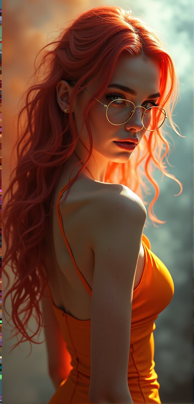 ASCIIdesigned by greg manchess,smoke, full body shot of a beautiful woman, bright detailed eyes, sleek scarlet hair, dense freckles, matte lips, long legs, futuristic, gold glasses, trending on art station, smoke, abstract, photoreal, 8 k, octane render by greg rutkowski, art by Carne Griffiths and Wadim Kashin ,in the style of Dau-al-Set, Pollock, Travis charest, and inspired by MAPPA and Zdzislaw Beksinski,   
,more detail XL