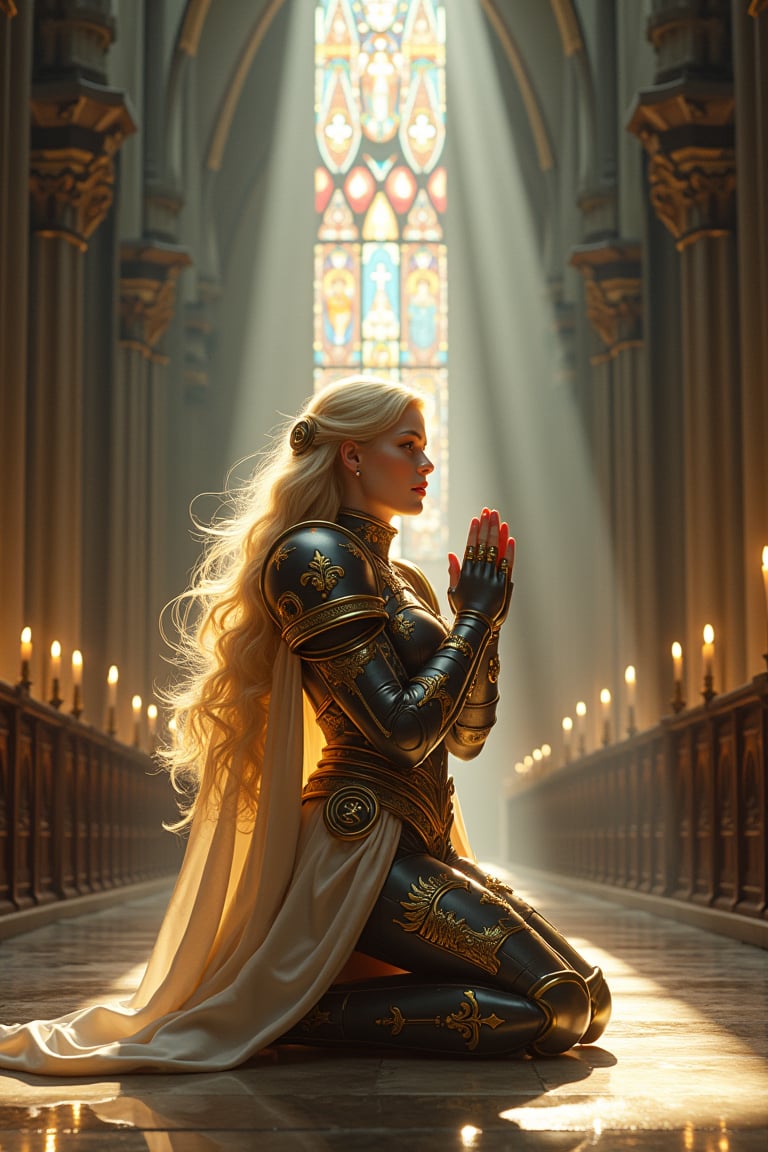 "Create a highly detailed and atmospheric image of Saint Celestine from Warhammer 40K. She is depicted in a grand, gothic cathedral, her figure illuminated by a single, divine beam of light streaming through a large, stained-glass window high above. The light casts intricate, multicolored reflections on the stone floor and walls, highlighting the grandeur of the sacred space.  Saint Celestine is kneeling in prayer at the altar, her posture reverent and serene. She wears her full, ornate power armor, intricately detailed with gold inlays, winged motifs, and the fleur-de-lis symbol of the Adepta Sororitas. The armor is both battle-worn and sacred, reflecting her status as a living saint. Her golden hair flows freely, catching the light, and a faint, ethereal glow surrounds her, emphasizing her divine nature.  Her face is the epitome of divine beauty and serenity, embodying both grace and strength. Her features are finely chiseled, with high cheekbones and a delicate jawline that lend her an air of regal authority. Her skin is pale, almost luminous, with a subtle, ethereal glow that hints at her otherworldly nature. Her eyes are large and almond-shaped, glowing with a soft, golden light that reflects her unwavering faith and connection to the Emperor. They are simultaneously kind and resolute, capable of conveying both compassion and an unyielding determination. Her nose is straight and noble, perfectly complementing her overall symmetry. Her lips are full and naturally pink, set in a calm, contemplative expression, though they can easily curve into a gentle smile when her thoughts turn to the Emperor's grace. Her hair, a cascade of flowing golden locks, is soft and slightly wavy, often catching the light in a halo-like effect.  The cathedral around her is vast, with towering pillars, arched ceilings, and rows of pews extending into the shadows. The walls are adorned with tapestries depicting holy battles, and the altar is decorated with candles, relics, and holy icons. The atmosphere is solemn, filled with a sense of both reverence and awe, as the light of the Emperor shines down upon his most faithful servant."