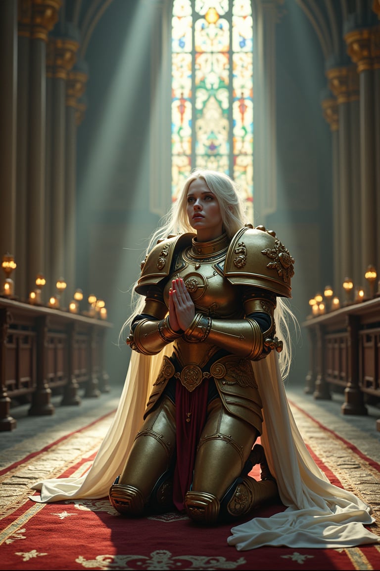 Sister of battle prompt

: "Create a highly detailed and atmospheric image of Saint Celestine from Warhammer 40K. She is depicted in a grand, gothic cathedral, her figure illuminated by a single, divine beam of light streaming through a large, stained-glass window high above. The light casts intricate, multicolored reflections on the stone floor and walls, highlighting the grandeur of the sacred space. Saint Celestine is kneeling in prayer at the altar, her posture reverent and serene. She wears her full, ornate power armor, with large shoulder pauldrons, intricately detailed with gold inlays, winged motifs, and the fleur-de-lis symbol of the Adepta Sororitas. The armor is both battle-worn and sacred, reflecting her status as a living saint. Her golden hair flows freely, catching the light, and a faint, ethereal glow surrounds her, emphasizing her divine nature. Her face is the epitome of divine beauty and serenity, embodying both grace and strength. Her features are finely chiseled, with high cheekbones and a delicate jawline that lend her an air of regal authority. Her skin is pale, almost luminous, with a subtle, ethereal glow that hints at her otherworldly nature. There is a small tattoo of the word purge on her right cheek. Her eyes are large and almond-shaped, glowing with a soft, golden light that reflects her unwavering faith and connection to the Emperor. They are simultaneously kind and resolute, capable of conveying both compassion and an unyielding determination. Her nose is straight and noble, perfectly complementing her overall symmetry. Her lips are full and naturally pink, set in a calm, contemplative expression. Her hair, is ice white, soft and slightly wavy, often catching the light in a halo-like effect. The cathedral around her is vast, with towering pillars, arched ceilings, and rows of pews extending into the shadows. The walls are adorned with tapestries depicting imperium 40k holy battles, and the altar is decorated with candles, relics, and holy icons. The atmosphere is solemn, filled with a sense of both reverence and awe, as the light of the Emperor shines down upon his most faithful servant."