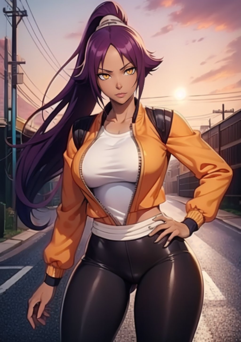  1girl, Yoruichi_Bleach, yellow eyes, ((Yoruichi Shihouin)), orange jacket, black leggins, curvy_figure, perfect eyes, masterpiece, best quality, 4K, HDR, cinematiclighting,Yoruichi_Bleach,photorealistic,