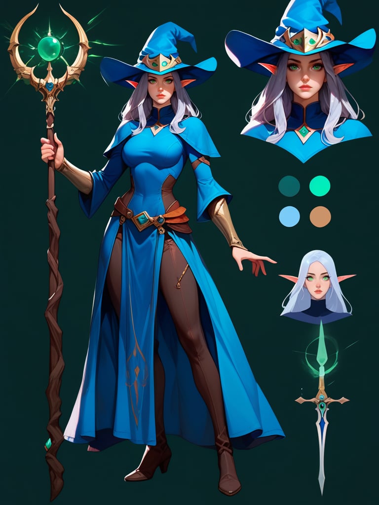 score_9, score_8_up, score_7_up, (CharacterSheet:1), elf female, dark blue mage robes with light armor, silver hair, green eyes, dynamic pose, full body, wielding a staff with water magic, wearing a witch/mage hat, reference sheet, (UHD), (digital art), (highly detailed), (simple solid background), CharacterDesignXL, cartoon, Eyes, Beautiful eyes