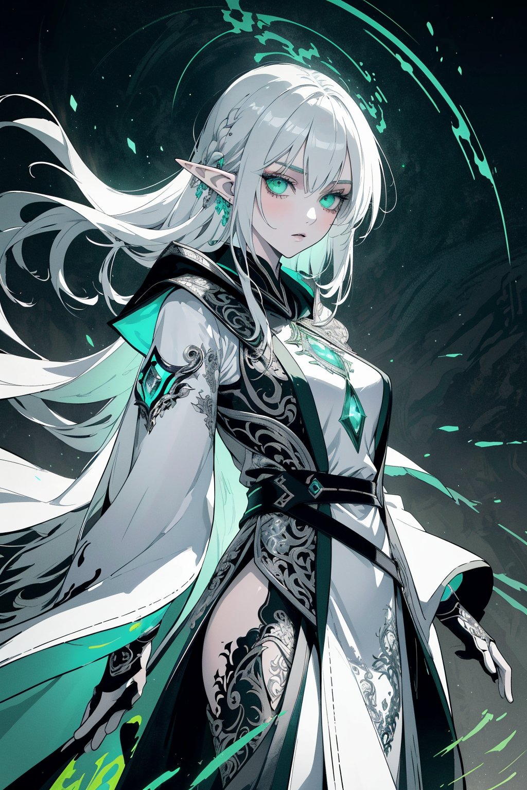 elf female, (best quality, masterpiece, ultra quality), 20 years old, slender build, silver hair, green eyes, (mage robes), (dynamic pose), (dynamic angle), (dynamic light), (fantasy background), (intricate details), (highly detailed), (UHD), (line art), (background detailed), (digital art), (intricate line drawings), (aura of mystery), (particles), (ink painting), (outline)

